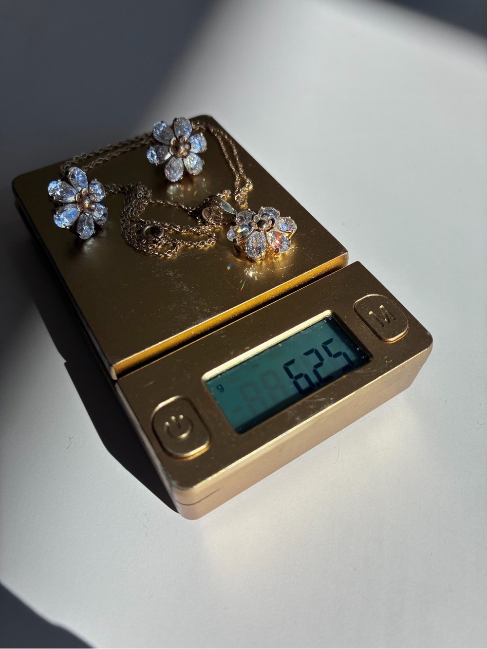 Solid 14K Yellow Gold Diamonique Floral Necklace and Matching Stud Earring Set